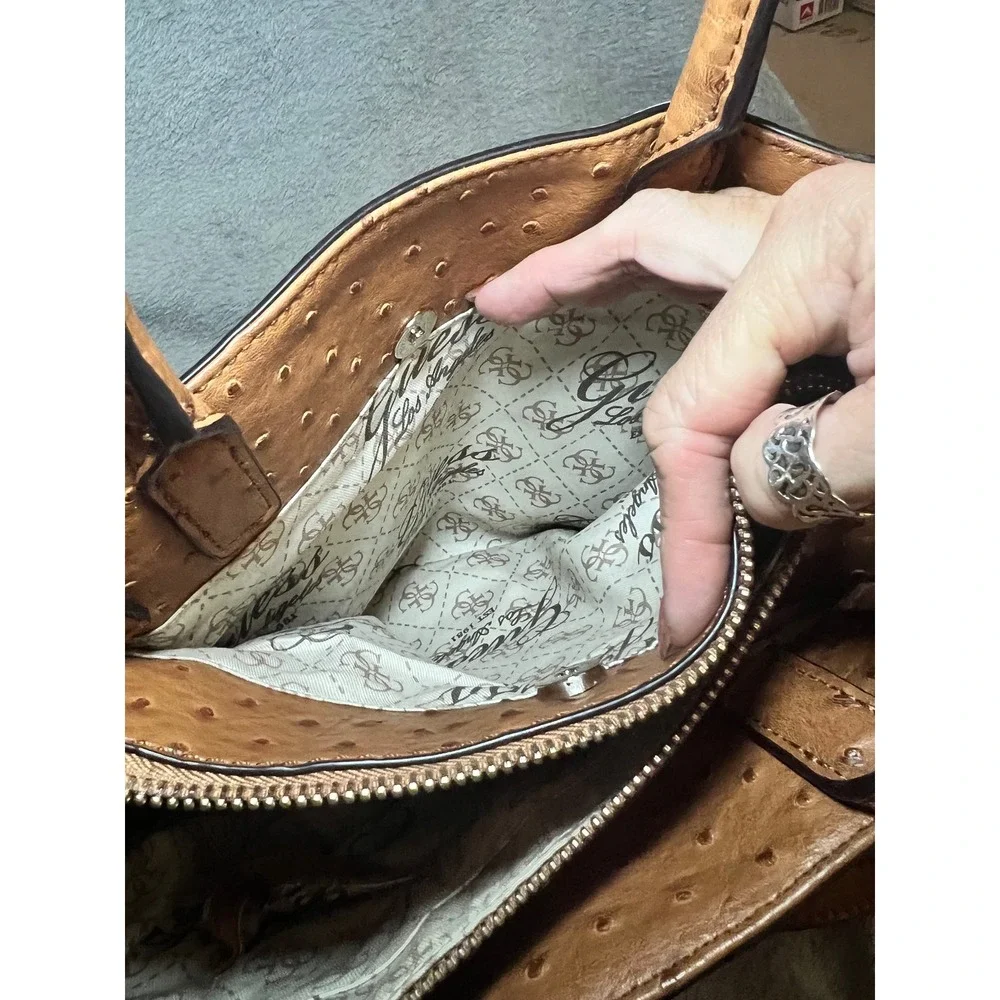 Guess 1981 faux Ostrich Embossed Satchel Crossbody Purse Brown Handle Handbag